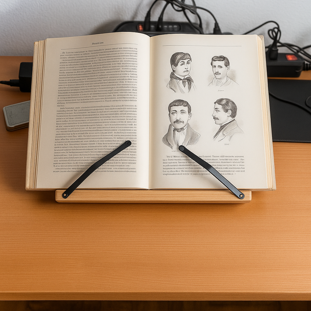 Výškově nastavitelný stojan na knihy PageLift — skládací provedení, ergonomické úhly
