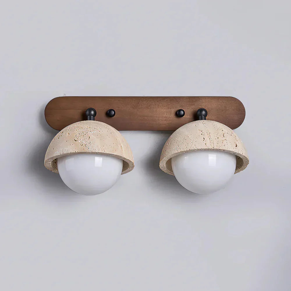 Indoor Travertine And Rustic Wood Wall Light With Glass Shades For Home Interiors And Living Areas