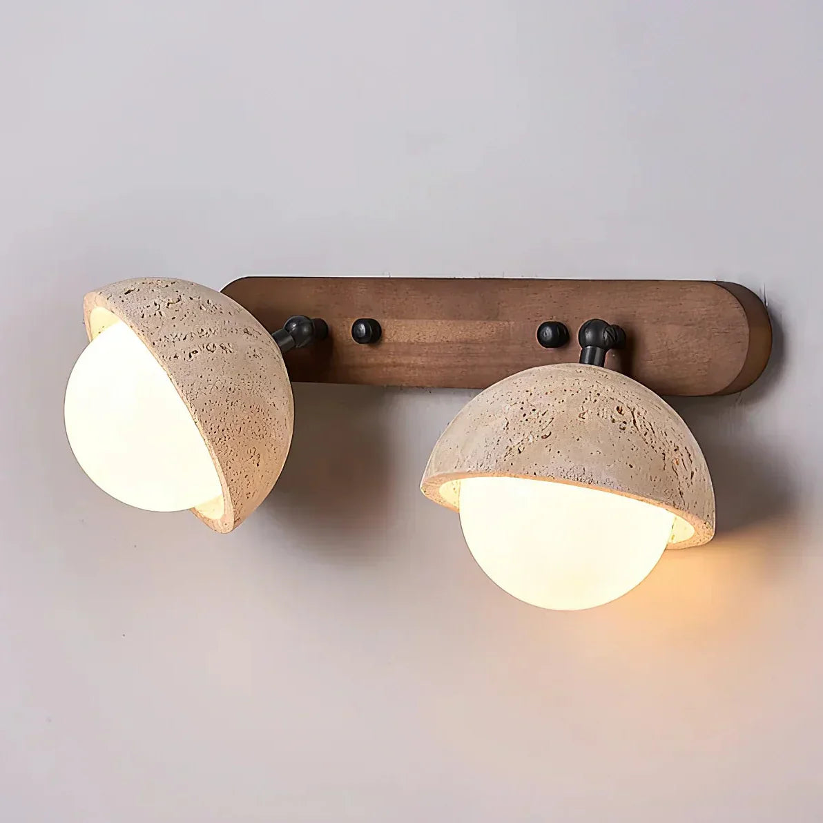Indoor Travertine And Rustic Wood Wall Light With Glass Shades For Home Interiors And Living Areas