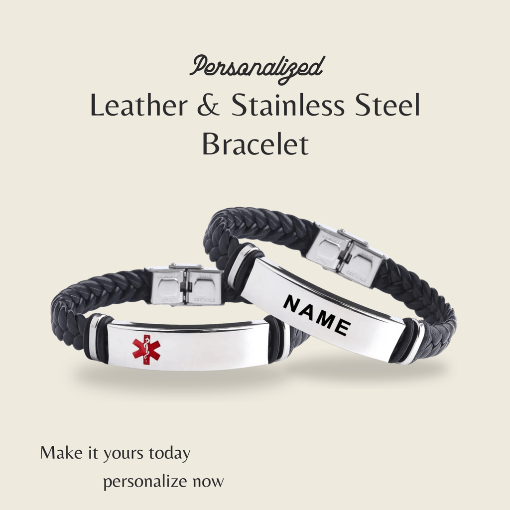 AstraLine gravert ID-armbånd i skinn og rustfritt stål – 20 cm lengde