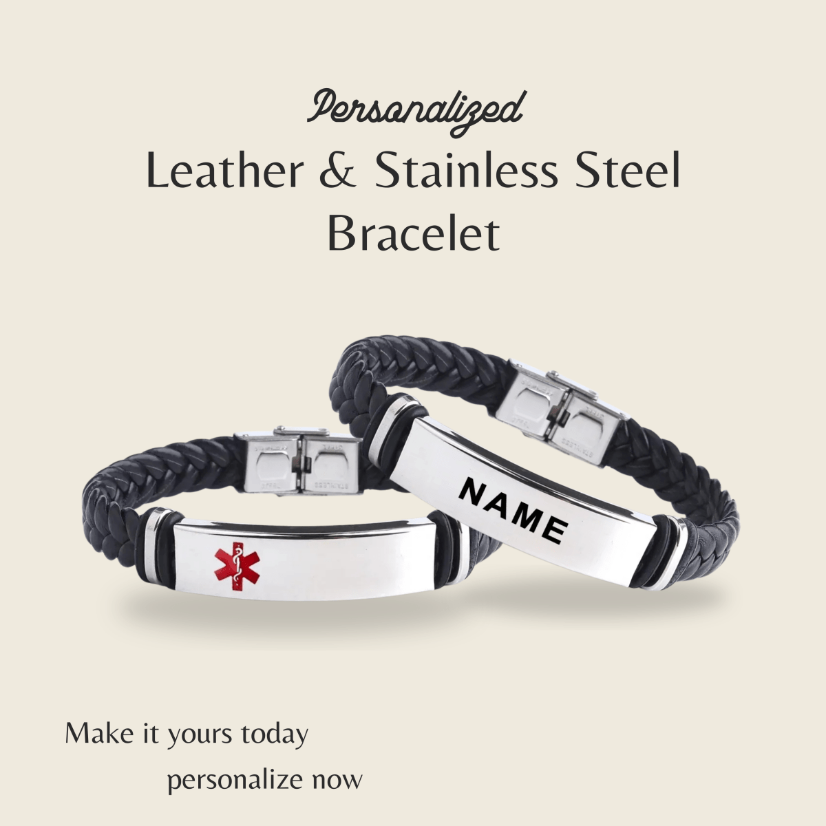AstraLine gravert ID-armbånd i skinn og rustfritt stål – 20 cm lengde