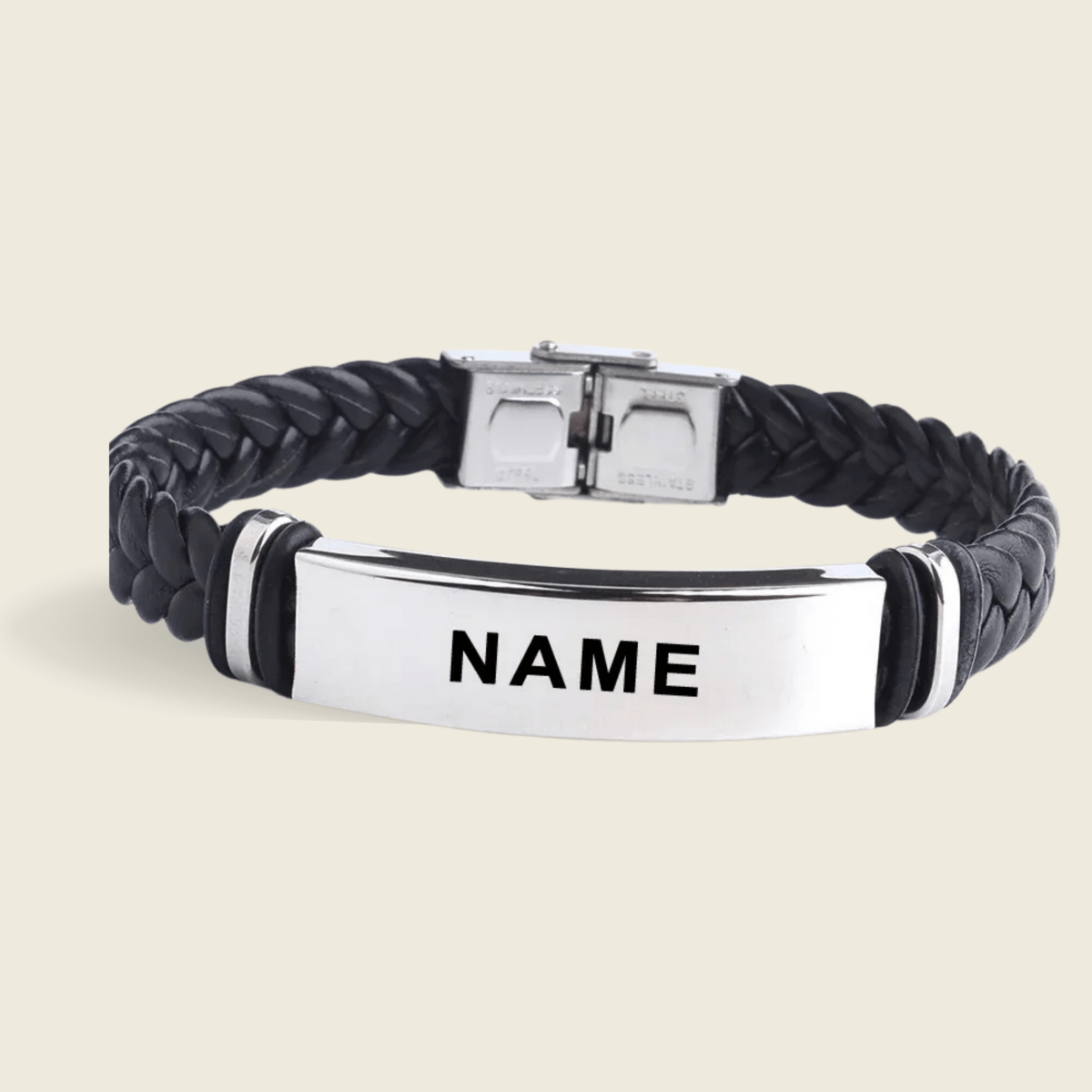 AstraLine gravert ID-armbånd i skinn og rustfritt stål – 20 cm lengde