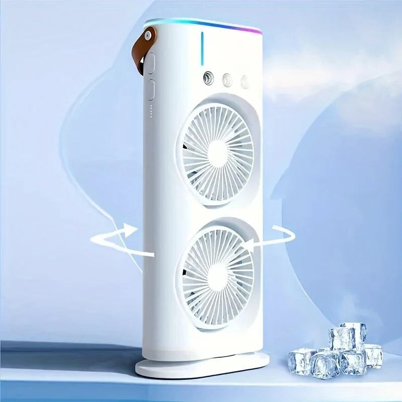 Bærbar airconditionventilator med to hoveder — USB-genopladelig, tågespray