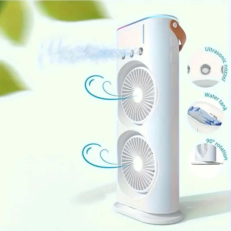 Bærbar airconditionventilator med to hoveder — USB-genopladelig, tågespray