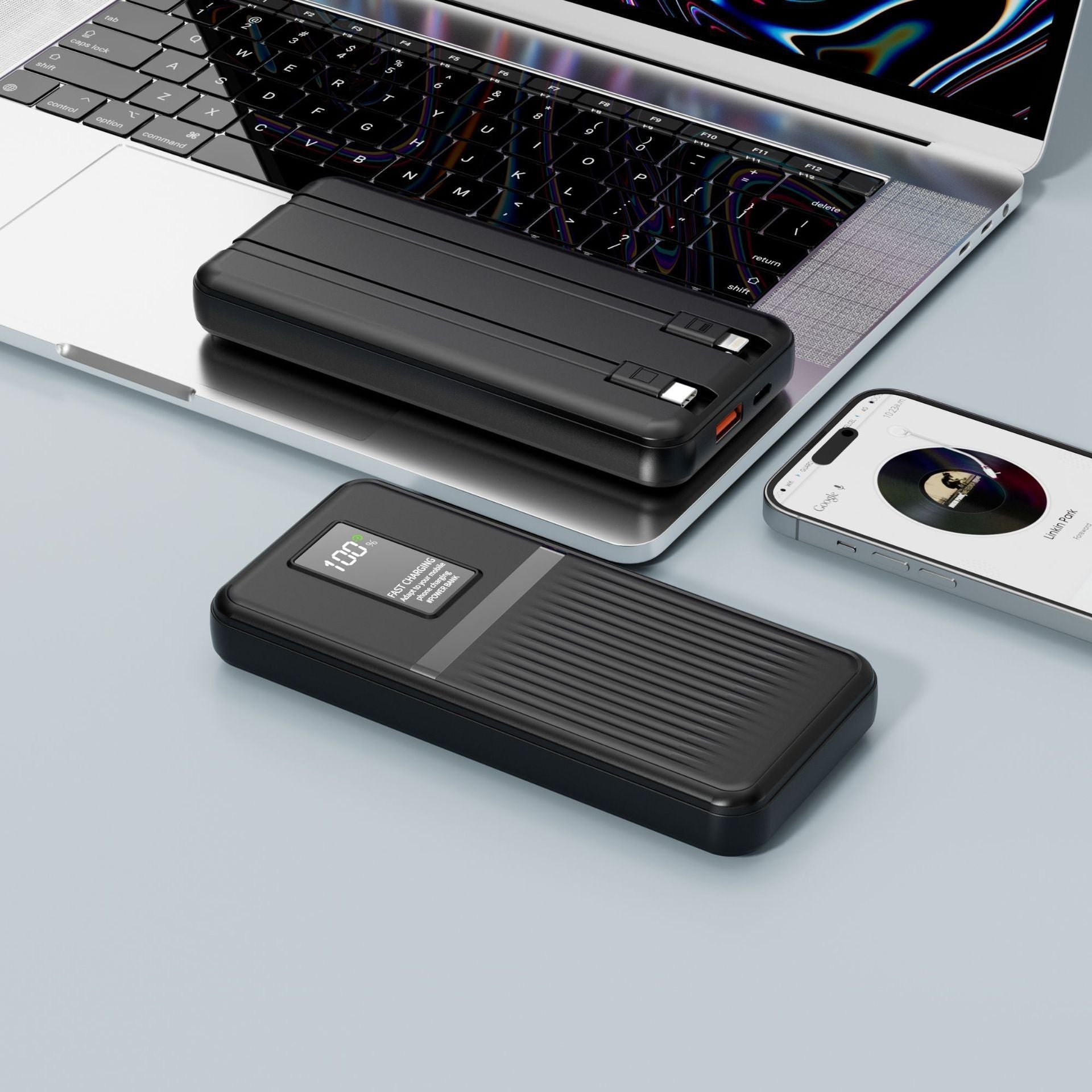 Hurtigopladende powerbank — bærbar oplader med digitalt display til iPhone-, Samsung- og USB-enheder