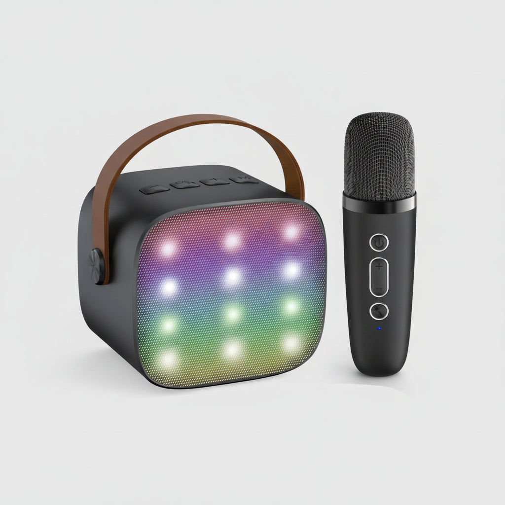 Kompaktní karaoke systém — Bluetooth reproduktor, bezdrátové mikrofony, LED světelný pásek