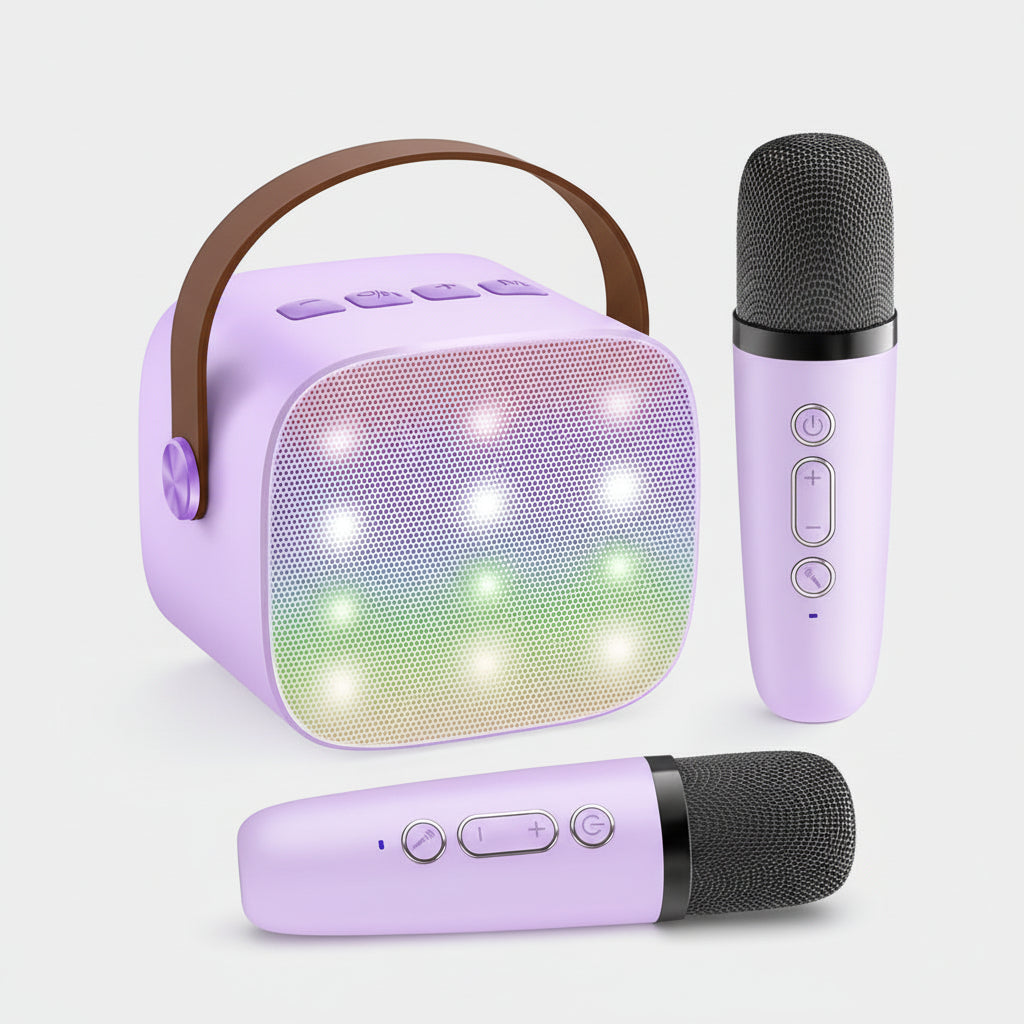 Kompaktní karaoke systém — Bluetooth reproduktor, bezdrátové mikrofony, LED světelný pásek