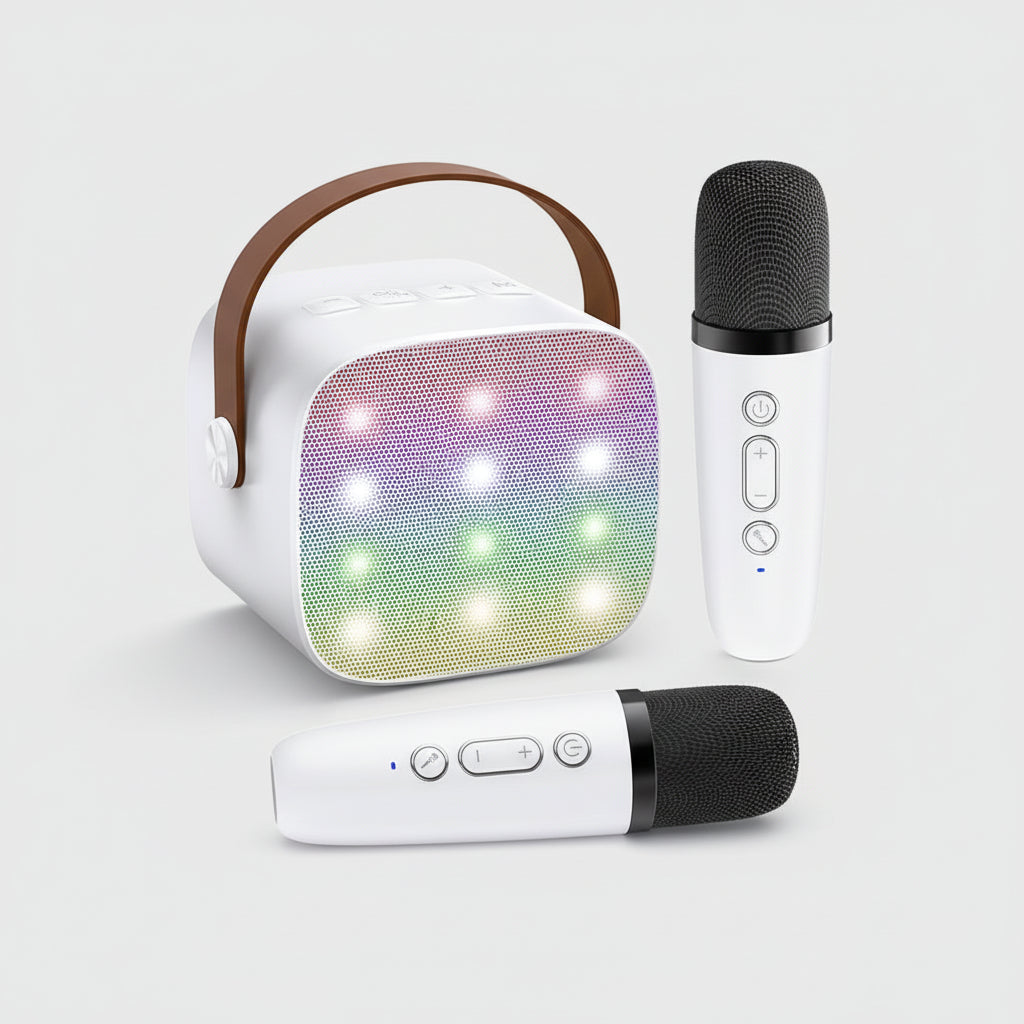 Kompaktní karaoke systém — Bluetooth reproduktor, bezdrátové mikrofony, LED světelný pásek