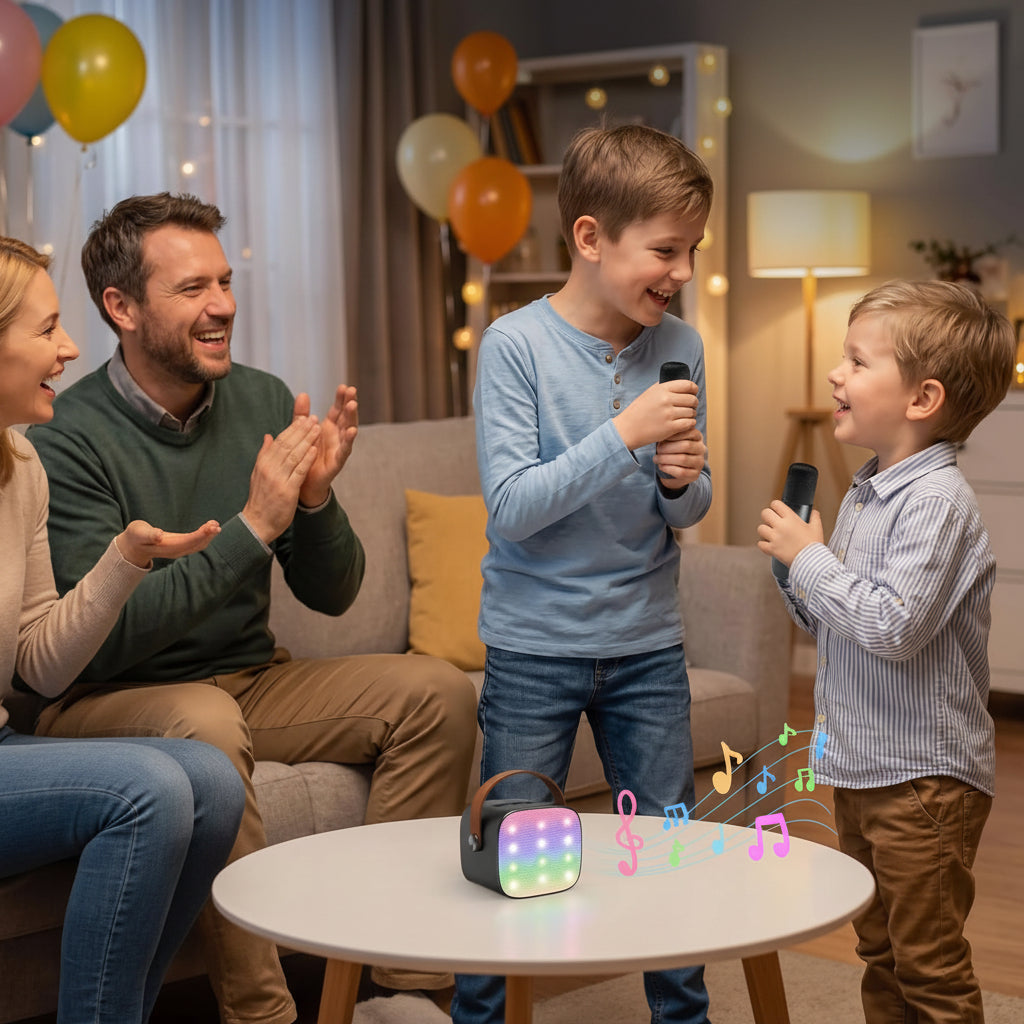 Kompaktní karaoke systém — Bluetooth reproduktor, bezdrátové mikrofony, LED světelný pásek