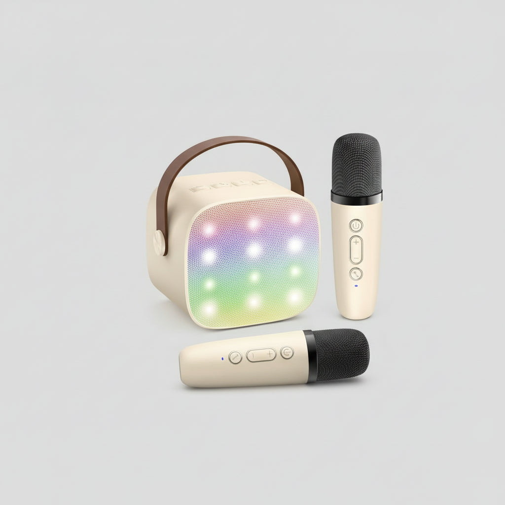 Kompaktní karaoke systém — Bluetooth reproduktor, bezdrátové mikrofony, LED světelný pásek