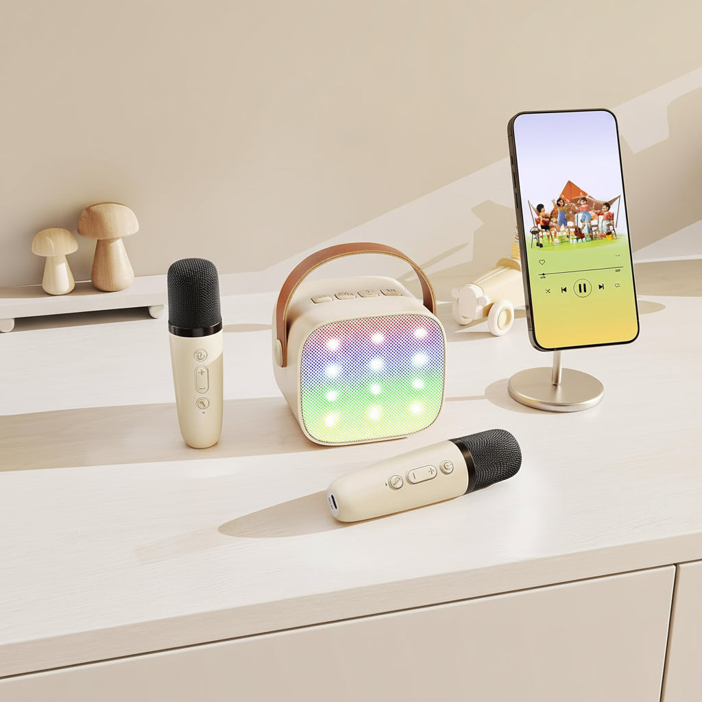 Kompaktní karaoke systém — Bluetooth reproduktor, bezdrátové mikrofony, LED světelný pásek