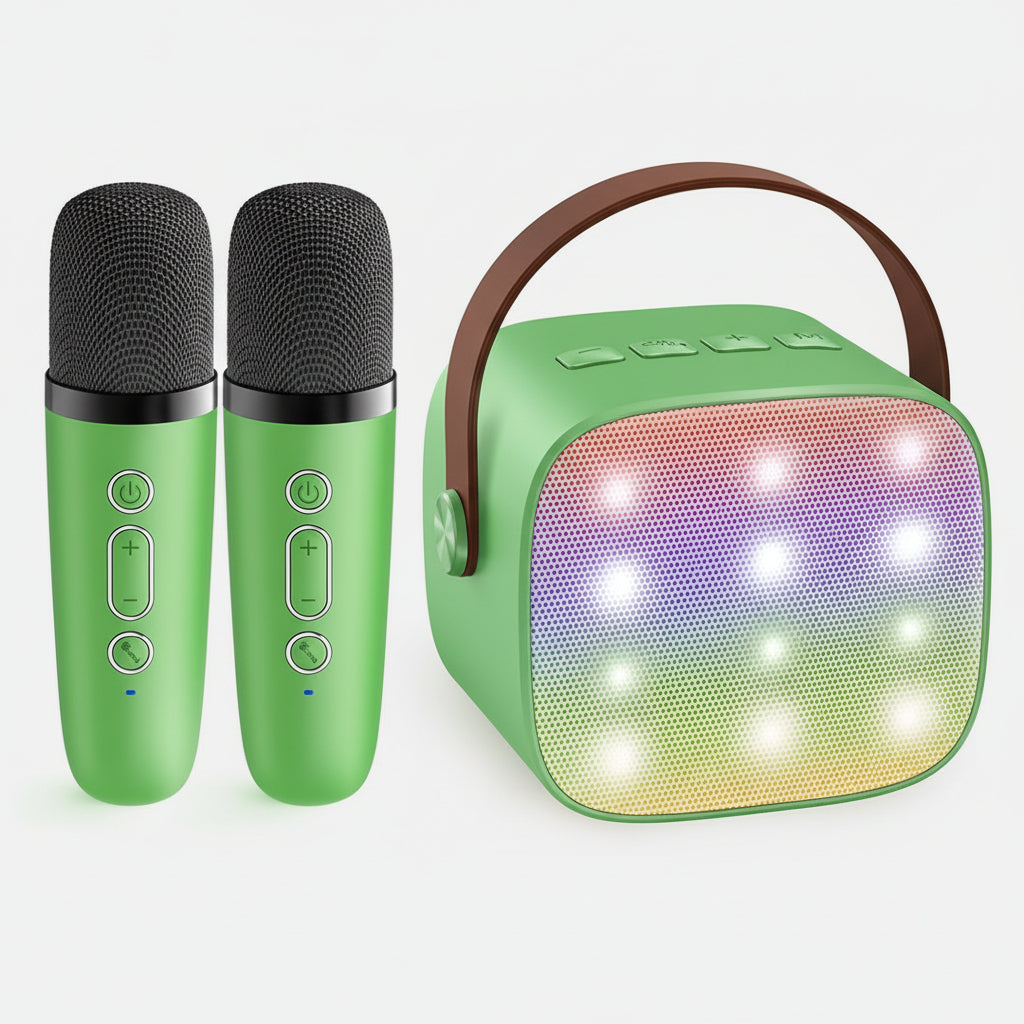Kompaktní karaoke systém — Bluetooth reproduktor, bezdrátové mikrofony, LED světelný pásek