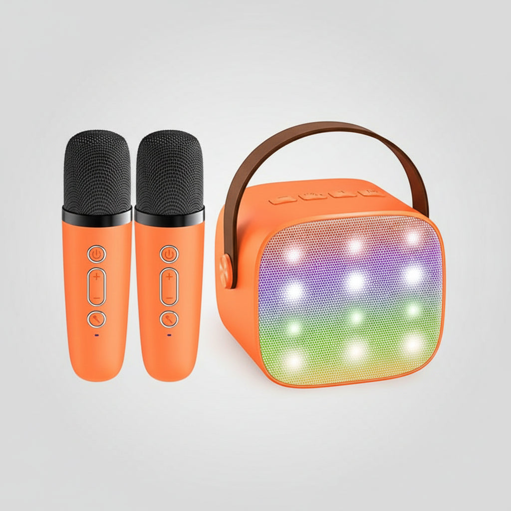 Kompaktní karaoke systém — Bluetooth reproduktor, bezdrátové mikrofony, LED světelný pásek