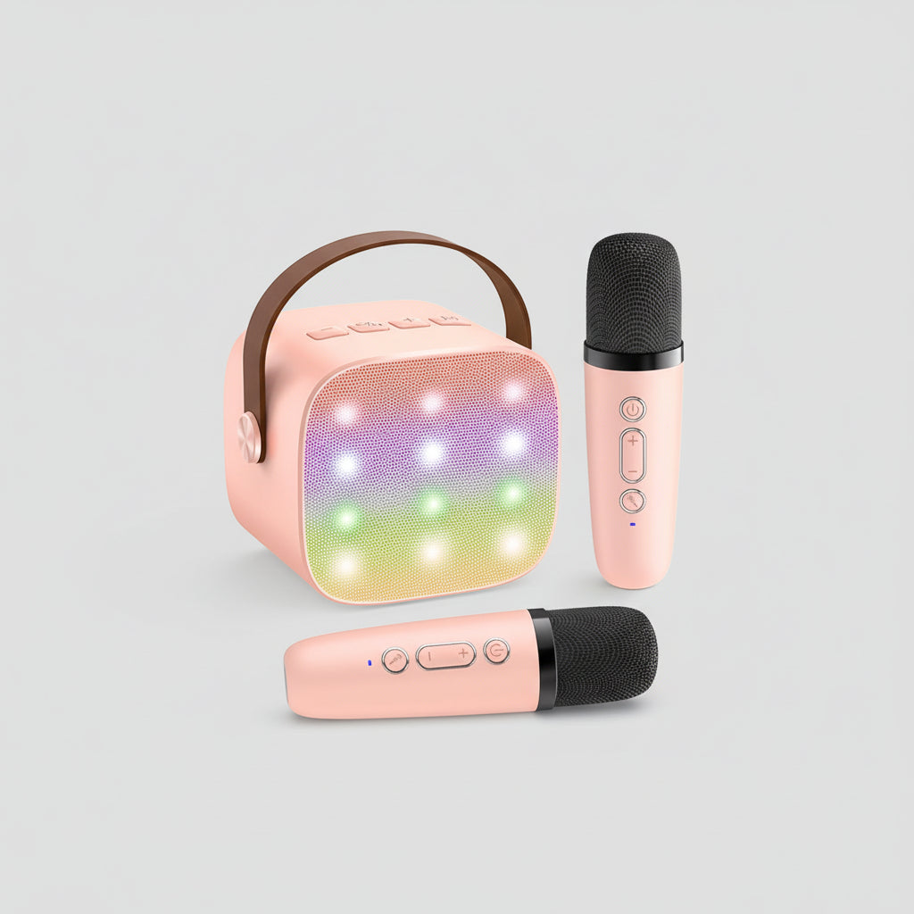 Kompaktní karaoke systém — Bluetooth reproduktor, bezdrátové mikrofony, LED světelný pásek
