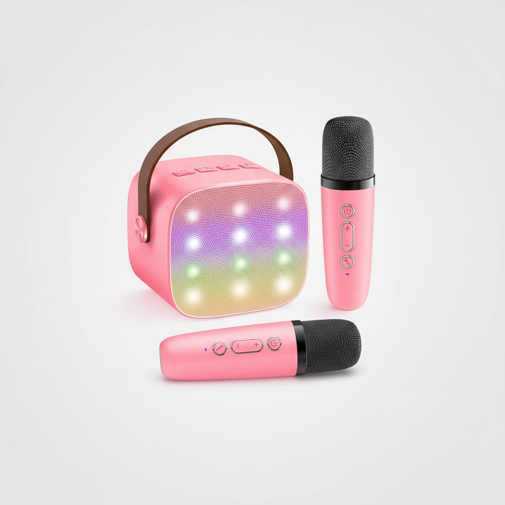 Kompaktní karaoke systém — Bluetooth reproduktor, bezdrátové mikrofony, LED světelný pásek