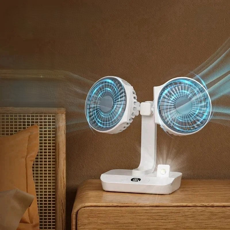 Bærbar skrivebordsventilator med to ventilatorhoveder - LED-natlys, justerbar rotation