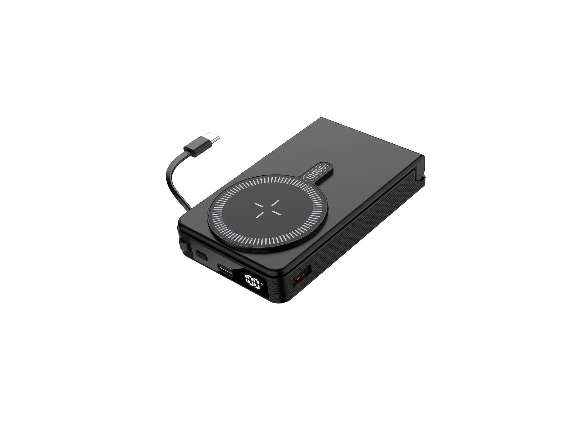 Power bank compacto — visor digital, carregador de indução integrado, tamanho compacto