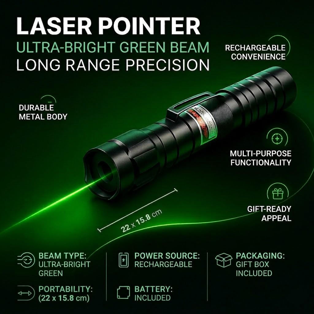 Presisjonslaserpeker med grønn laser, lang rekkevidde og oppladbart batteri