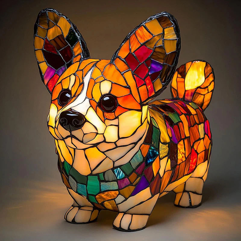 LED-skrivebordslampe med hvalpekunst — blændfri belysning og hyggeligt design i resin