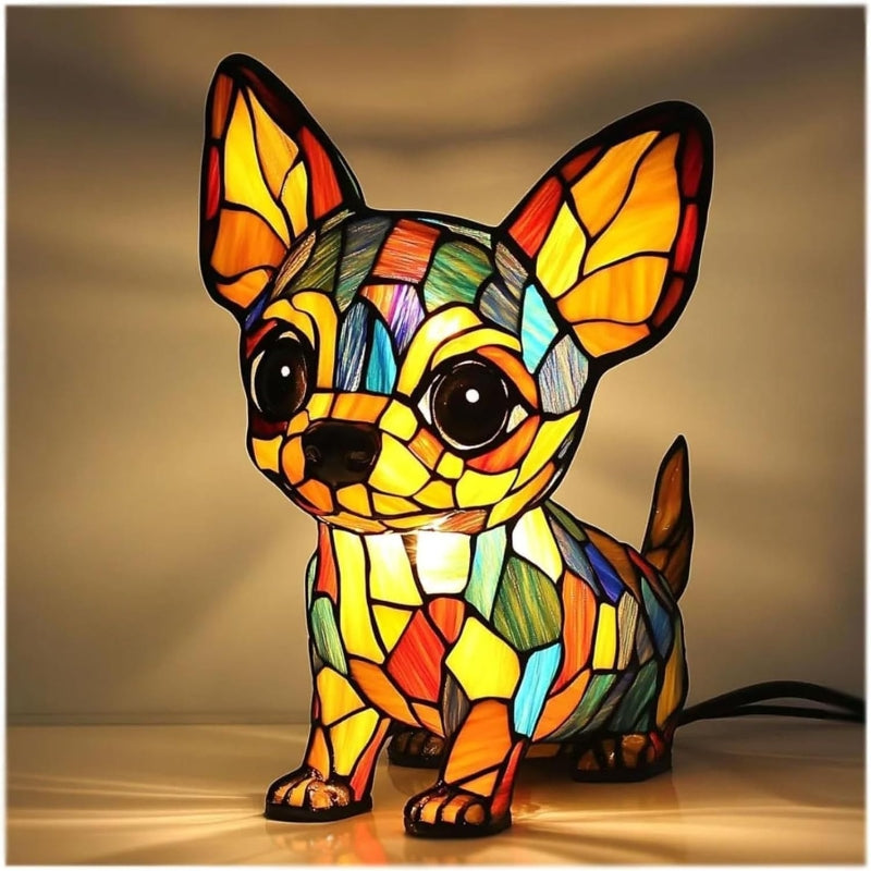 LED-skrivebordslampe med hvalpekunst — blændfri belysning og hyggeligt design i resin