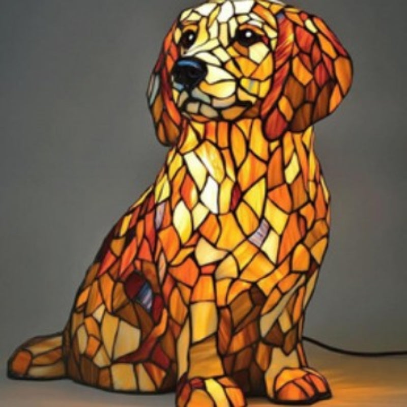 LED-skrivebordslampe med hvalpekunst — blændfri belysning og hyggeligt design i resin