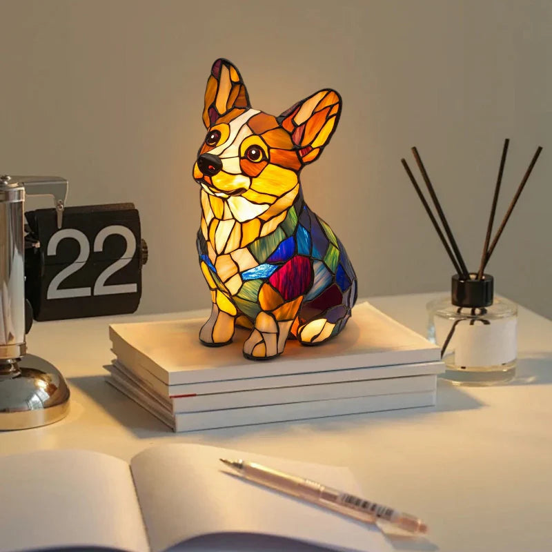 LED-skrivebordslampe med hvalpekunst — blændfri belysning og hyggeligt design i resin