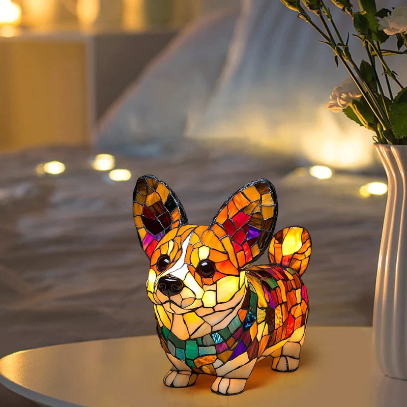 LED-skrivebordslampe med hvalpekunst — blændfri belysning og hyggeligt design i resin