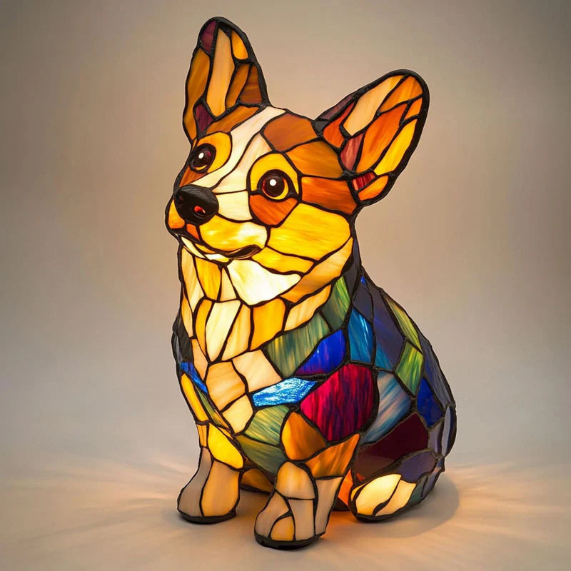 LED-skrivebordslampe med hvalpekunst — blændfri belysning og hyggeligt design i resin