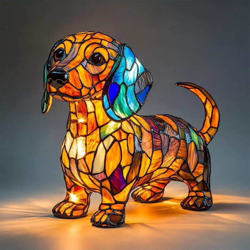 LED-skrivebordslampe med hvalpekunst — blændfri belysning og hyggeligt design i resin