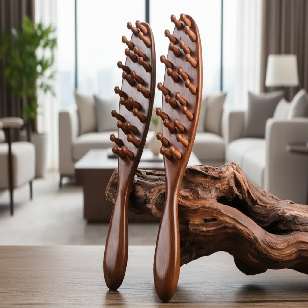 مشط تدليك فروة الرأس من خشب الورد SereniRoot — أسنان خشبية كثيفة
