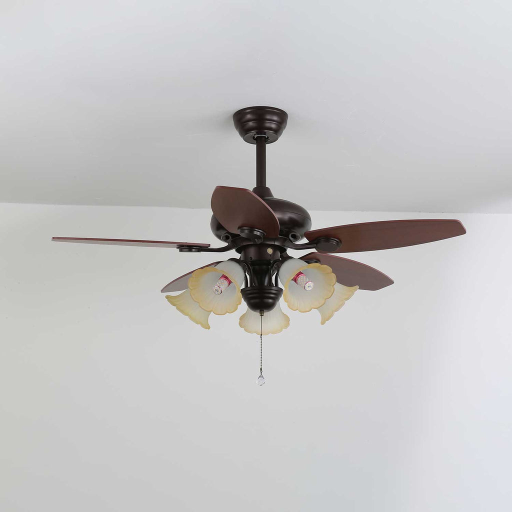 Vintage Wood And Glass Ceiling Fan With Light And Remote