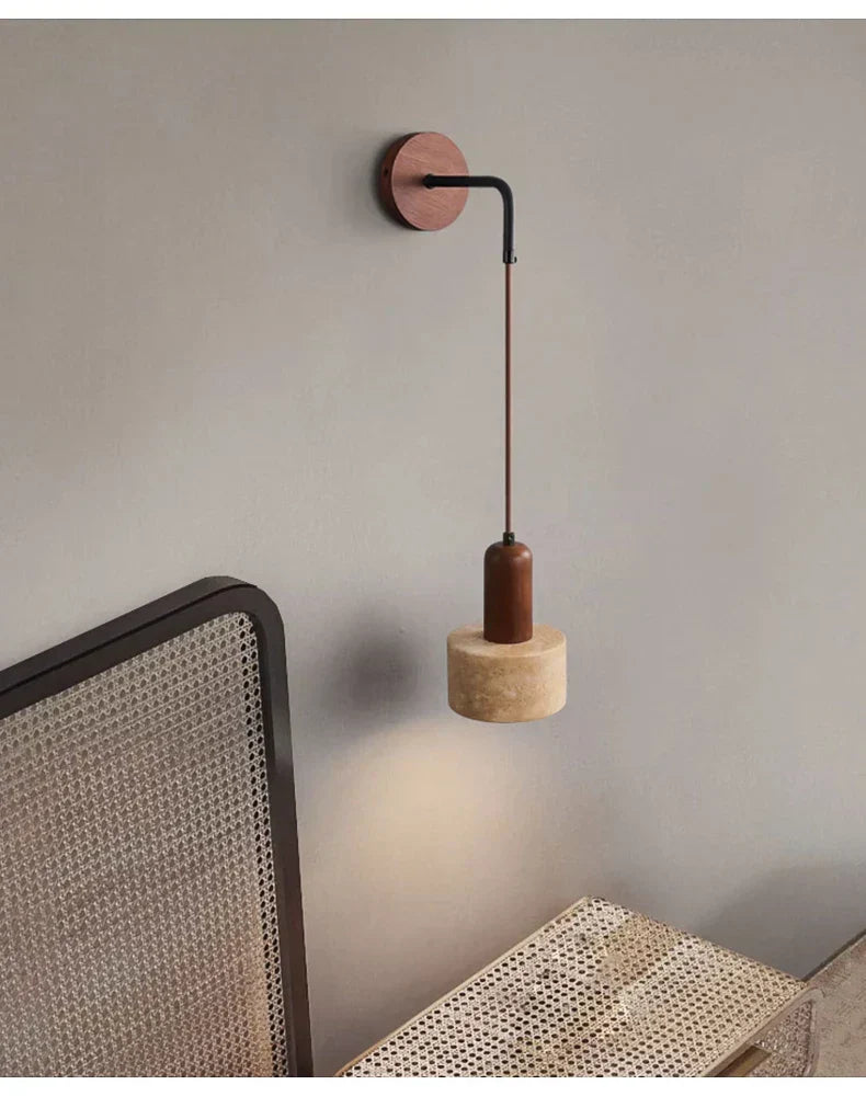 Liora Bedside Lamp With Wood And Travertine Wall Mount For Japandi Spaces In Modern Homes