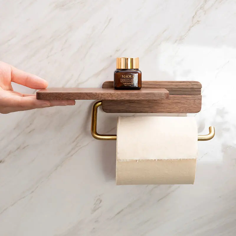 Walnut Wood Wall Mount Shelf For Toilet Roll - Brown Finish