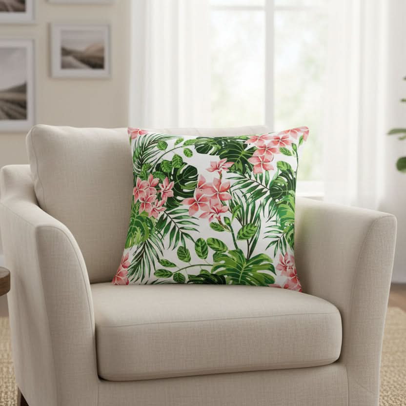 Funda de cojín con hojas de palmera hawaiana PARROTFLOW — Estampado tropical, toque de textura suave