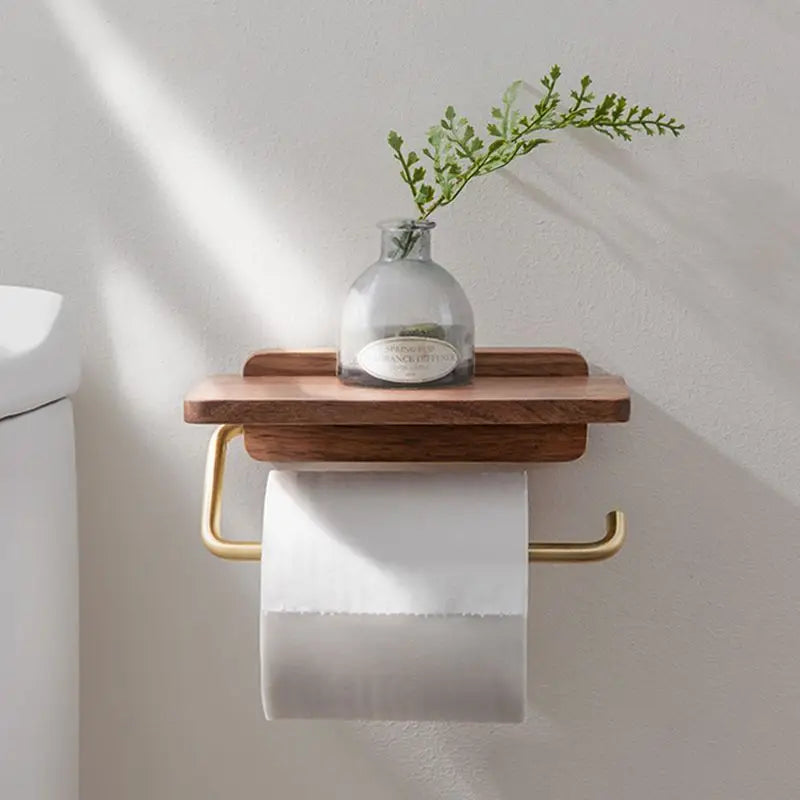 Walnut Wood Wall Mount Shelf For Toilet Roll - Brown Finish