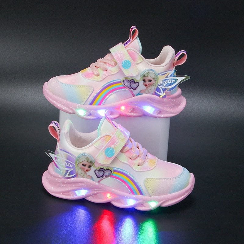 Glittery LED Light Up Kids Sneakers With Pink Accents And Purple Trim