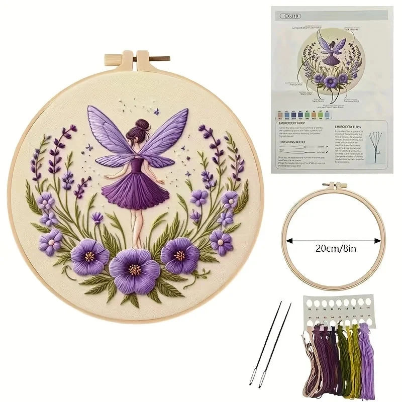 Kit da ricamo con fatina - Set completo per principianti con telaio in legno da 20 cm