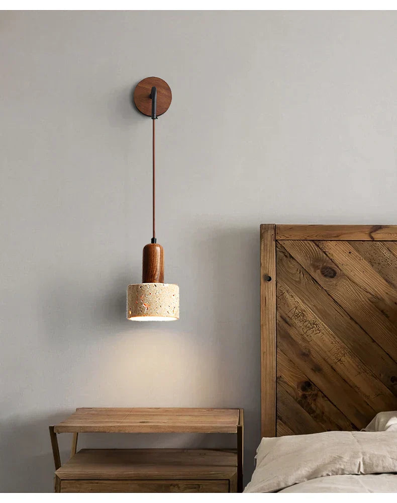 Liora Bedside Lamp With Wood And Travertine Wall Mount For Japandi Spaces In Modern Homes