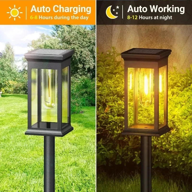 Lămpi solare pentru alei, set de 2 — lămpi LED în stil felinar, cu aspect de filament cu lumină caldă