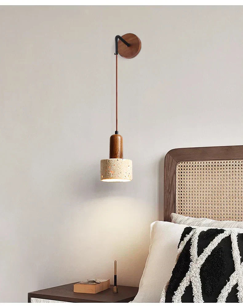 Liora Bedside Lamp With Wood And Travertine Wall Mount For Japandi Spaces In Modern Homes