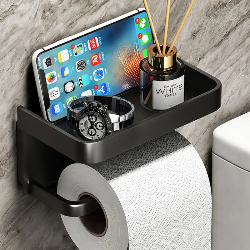 Aluminum Black Toilet Paper Holder With Shelf Phone Wall Mount Minimalist Organizer