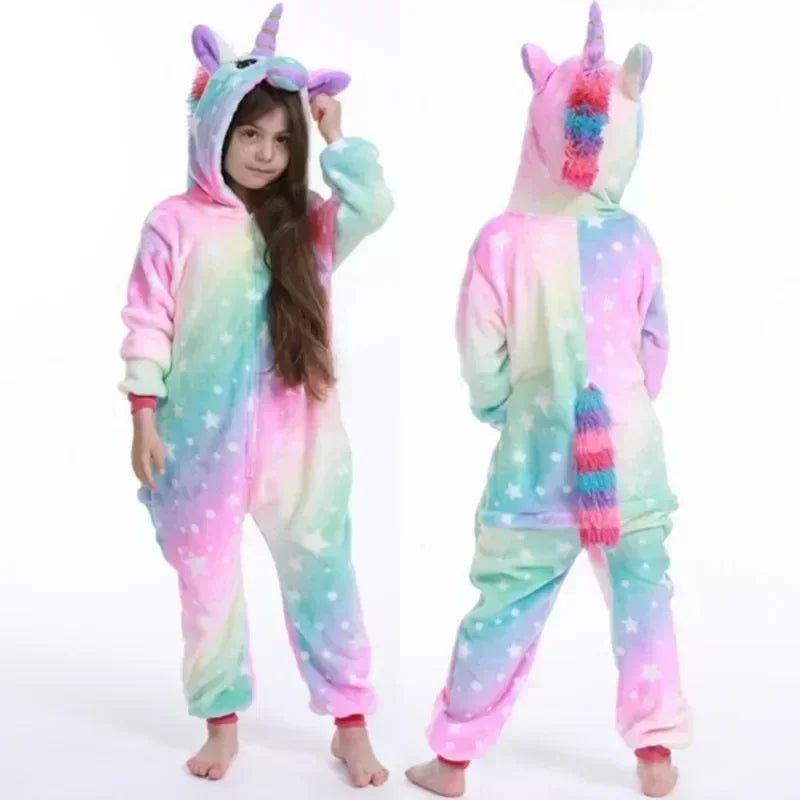 Girls Unicorn Fleece Onesie Pajamas With Hood Rainbow Colors Homewear