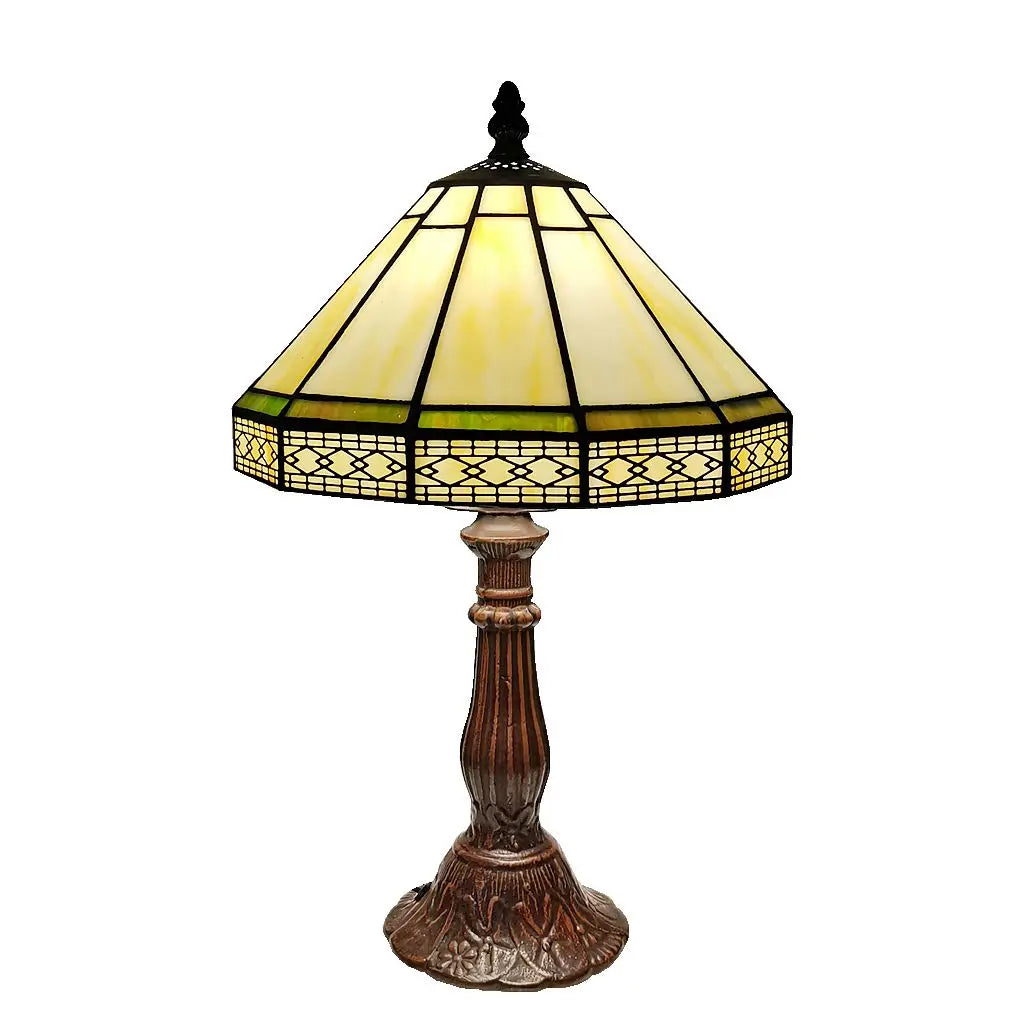 Tiffany Stained Glass Table Lamp With Green Geometric Shade