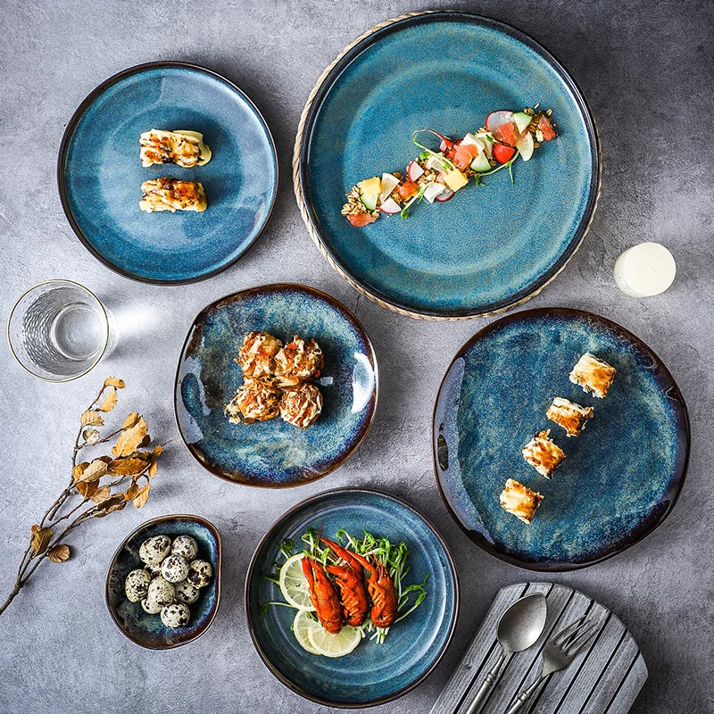 Turquoise 11-Piece Porcelain Dinnerware Set Handmade Glazed Dinner Plates and Bowls