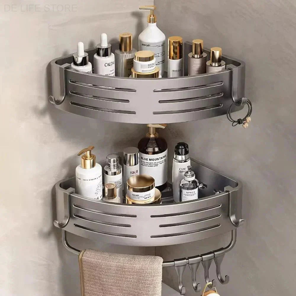 Aluminum Corner Shower Rack Set No Drill Wall Mount With Hooks 2 Pack