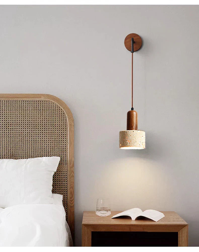 Liora Bedside Lamp With Wood And Travertine Wall Mount For Japandi Spaces In Modern Homes