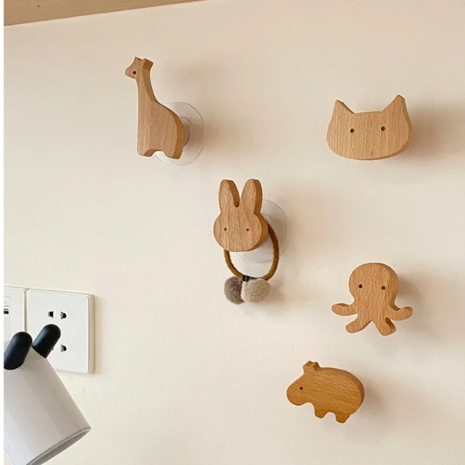 Wooden Animal Wall Hooks Self Adhesive Coat Rack For Kids Room Scandinavian Wall Decor
