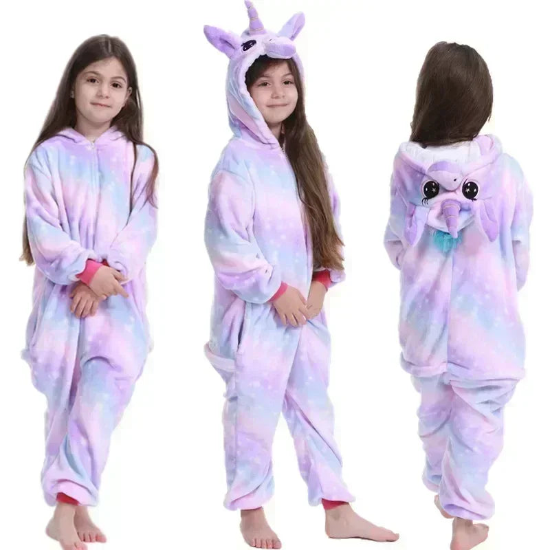 Girls Unicorn Fleece Onesie Pajamas With Hood Rainbow Colors Homewear