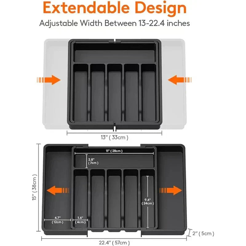 Organizator ajustabil pentru sertarul cu tacâmuri — inserție extensibilă de 33–57 cm