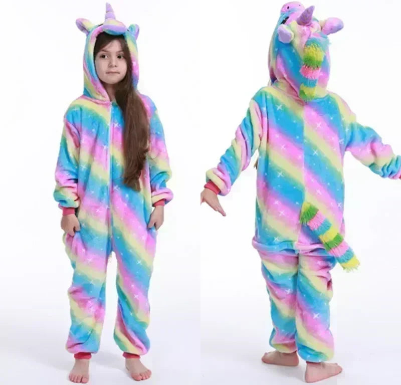 Girls Unicorn Fleece Onesie Pajamas With Hood Rainbow Colors Homewear